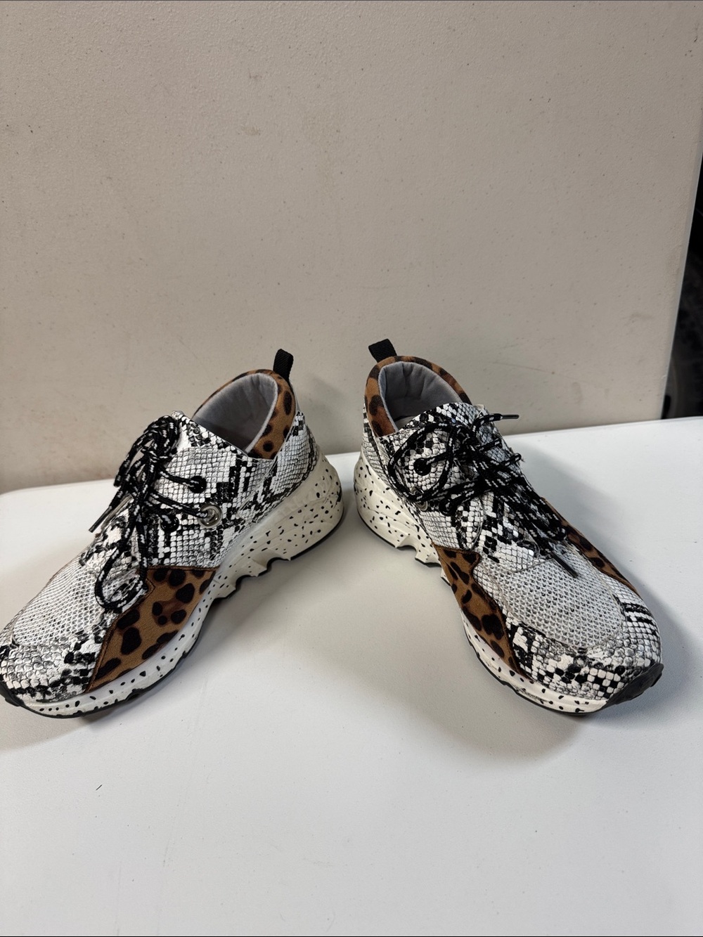 Womens Snake-Print & Leopard Accent Chunky Sneakers - White/Brown